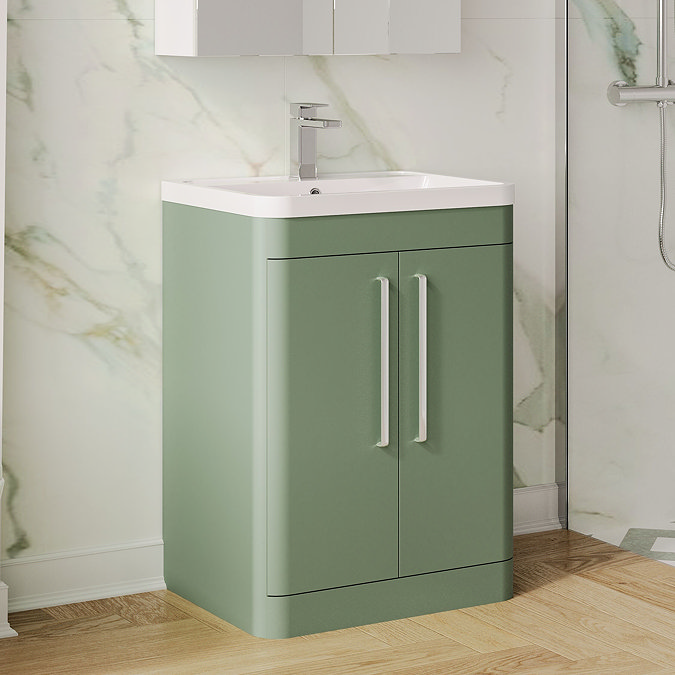 Radius 600mm Floor Standing 2 Door Vanity Unit with Chrome Bar Handles - Satin Green