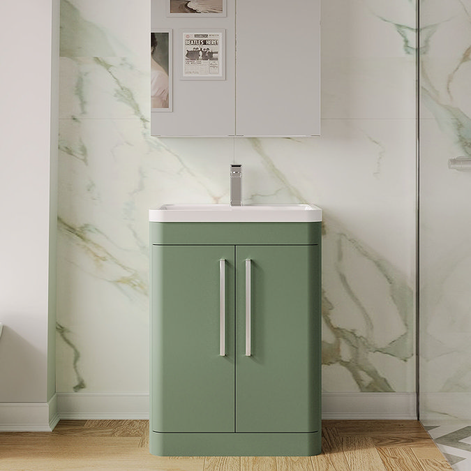 Radius 600mm Floor Standing 2 Door Vanity Unit with Chrome Bar Handles - Satin Green