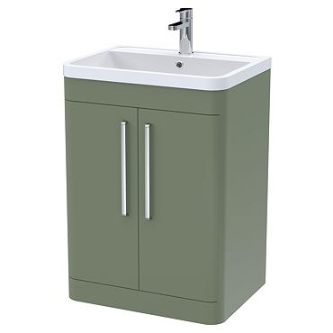 Radius 600mm Floor Standing 2 Door Vanity Unit with Chrome Bar Handles - Satin Green