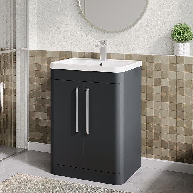 Radius 600mm Floor Standing 2 Door Vanity Unit with Chrome Bar Handles - Soft Black
