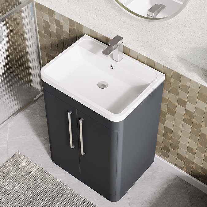 Radius 600mm Floor Standing 2 Door Vanity Unit with Chrome Bar Handles - Soft Black
