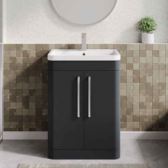Radius 600mm Floor Standing 2 Door Vanity Unit with Chrome Bar Handles - Soft Black