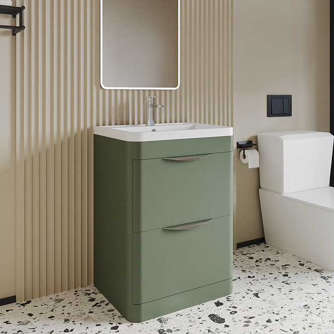 Radius Satin Green Floor Standing Vanity Unit with Chrome Handles - W600 x D445mm