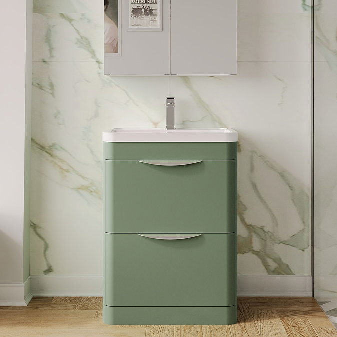 Radius Satin Green Floor Standing Vanity Unit with Chrome Handles - W600 x D445mm