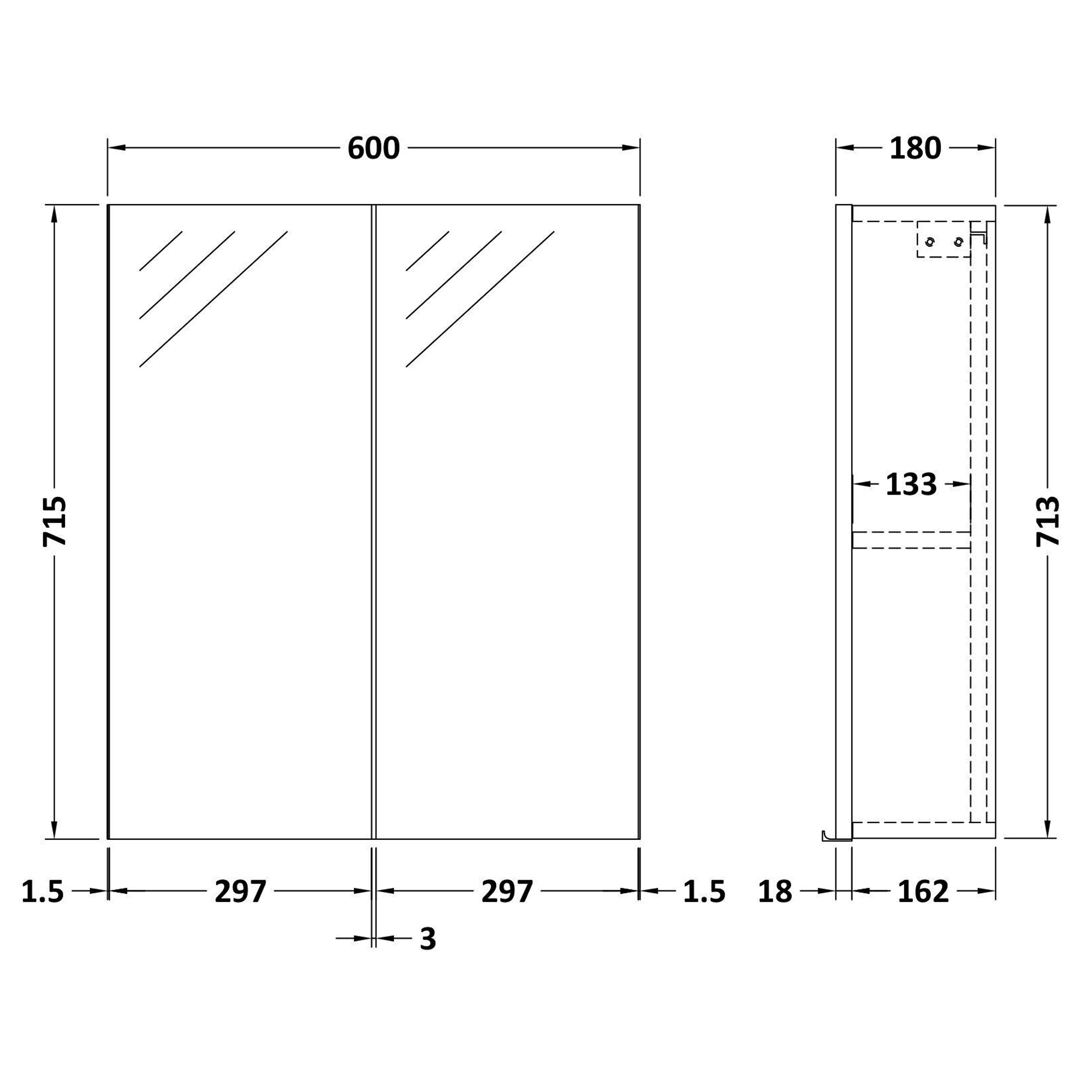 Radius Soft Black Minimalist Mirror Cabinet with 2 Doors W617 x D110mm