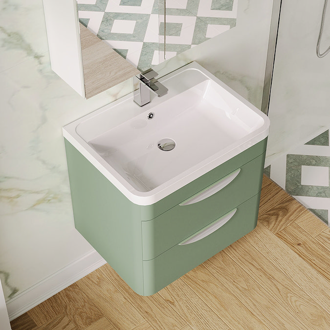 Radius Wall Hung 2 Drawer Vanity Unit with Chrome Handles W600 x D445mm – Satin Green