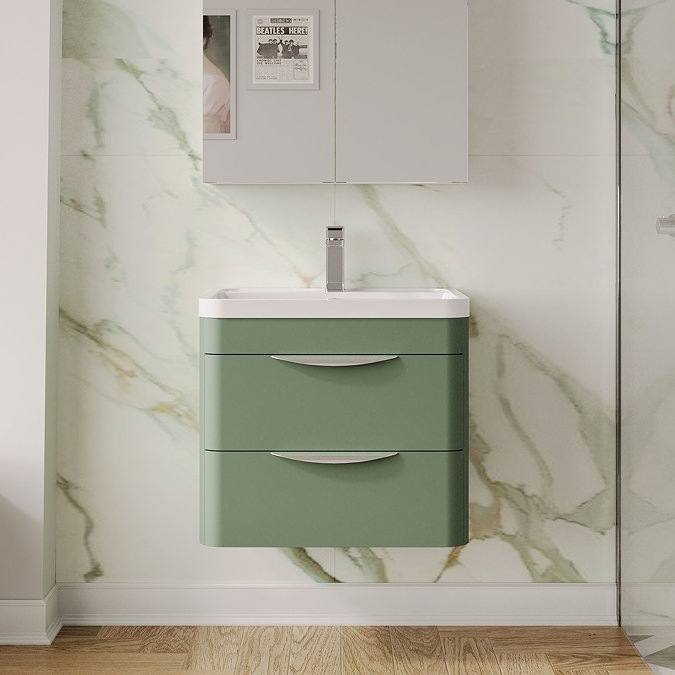 Radius Wall Hung 2 Drawer Vanity Unit with Chrome Handles W600 x D445mm – Satin Green