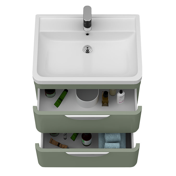 Radius Wall Hung 2 Drawer Vanity Unit with Chrome Handles W600 x D445mm – Satin Green