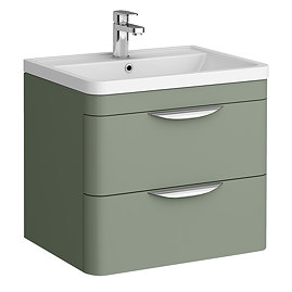 Radius Wall Hung 2 Drawer Vanity Unit with Chrome Handles W600 x D445mm – Satin Green
