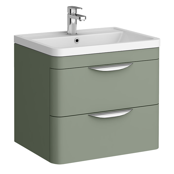 Radius Wall Hung 2 Drawer Vanity Unit with Chrome Handles W600 x D445mm – Satin Green