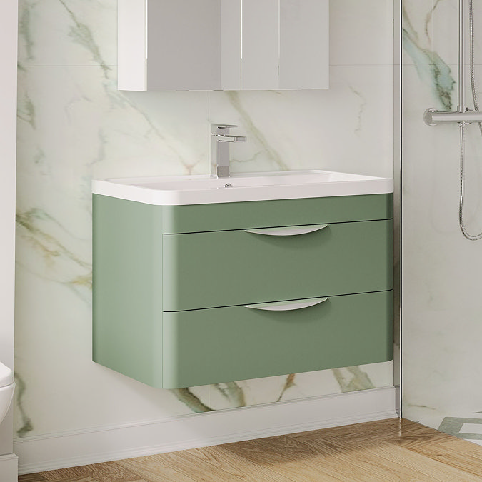 Radius Wall Hung 2 Drawer Vanity Unit with Chrome Handles W800 x D450mm – Satin Green