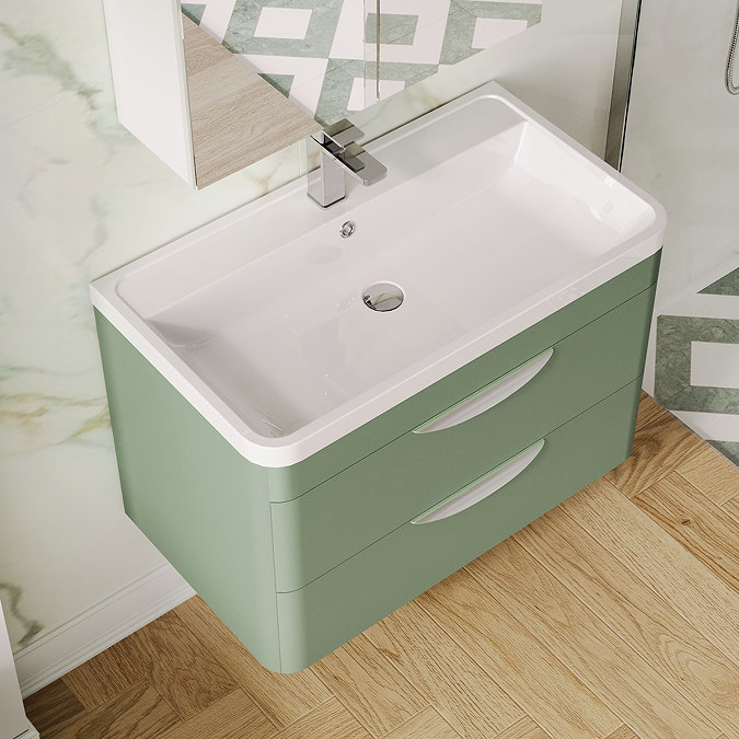 Radius Wall Hung 2 Drawer Vanity Unit with Chrome Handles W800 x D450mm – Satin Green