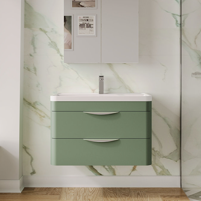 Radius Wall Hung 2 Drawer Vanity Unit with Chrome Handles W800 x D450mm – Satin Green