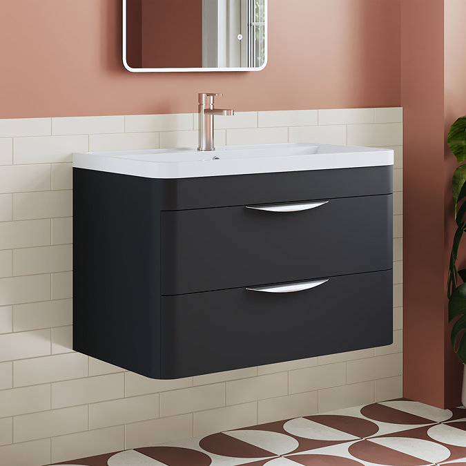 Radius Wall Hung 2 Drawer Vanity Unit with Chrome Handles W800 x D450mm – Soft Black