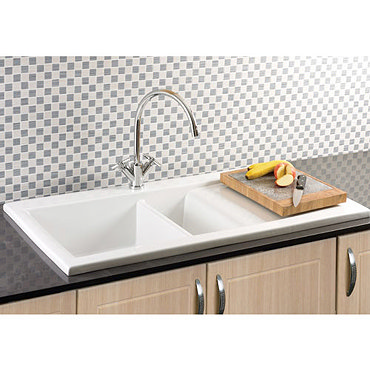 RAK - Gourmet Dream Sink 1 - 1.5 Bowl - Right Hand Drainer w/ Wastes - White Profile Large Image