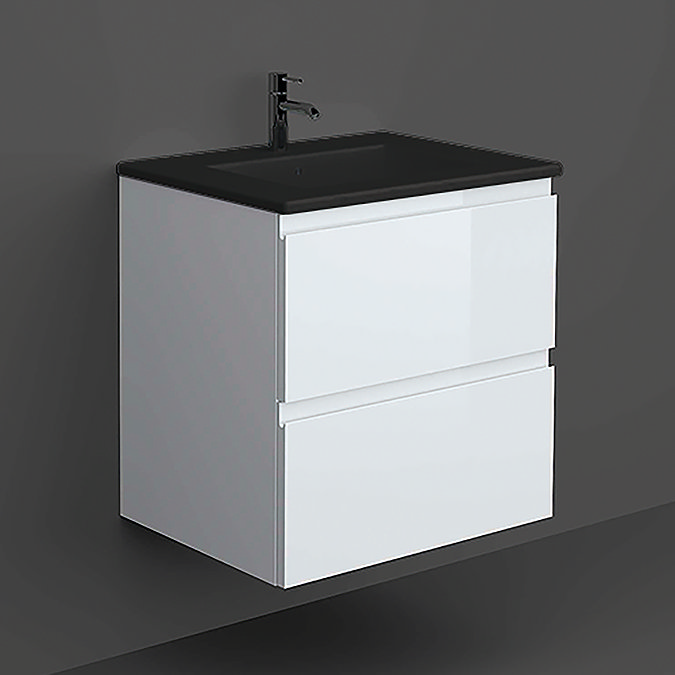 RAK Joy Matt White 600mm 2-Drawer Wall Hung Vanity Unit with Black Basin