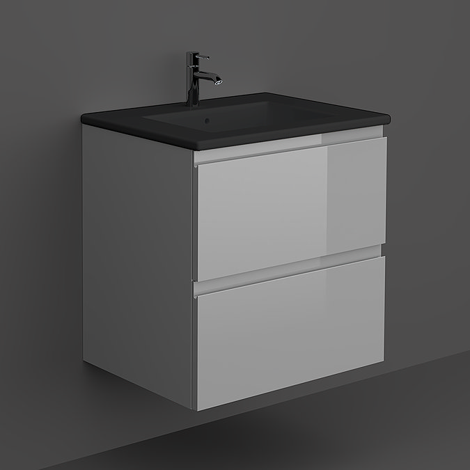 RAK Joy Urban Grey 600mm 2-Drawer Wall Hung Vanity Unit with Black Basin