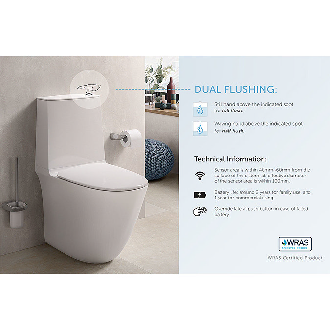 RAK Sensation Touchless Flush Rimless BTW Close Coupled Toilet + Soft-Close Seat  Standard Large Ima
