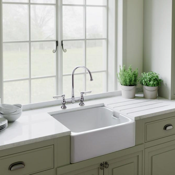 Rangemaster Farmhouse Belfast Ceramic Kitchen Sink Inc. Basket Strainer Waste  In Bathroom Large Image