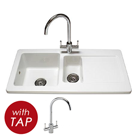 Reginox Contemporary White Ceramic 1.5 Bowl Kitchen Sink RL501CW + Tap Medium Image