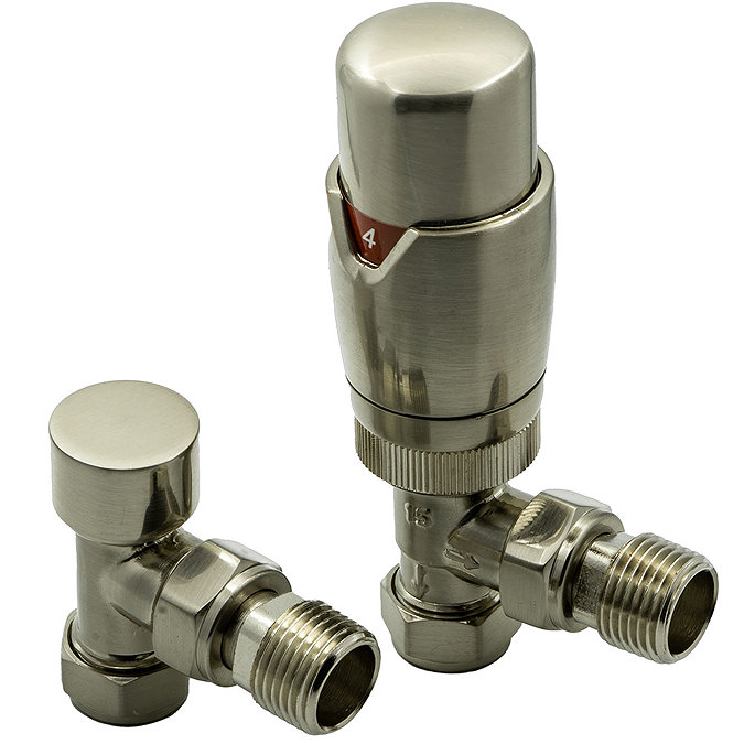 Reina Modal TRV Angled Radiator Valves with Lockshield - Brushed Chrome Large Image