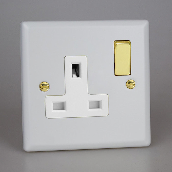 Revive 1 Gang Switched Socket - Matt White/Brass Large Image