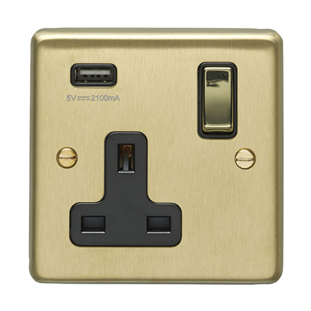 Revive 1 Gang Switched Socket with USB - Brushed Brass | Victorian ...