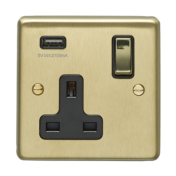 Revive 1 Gang Switched Socket with USB - Brushed Brass Large Image