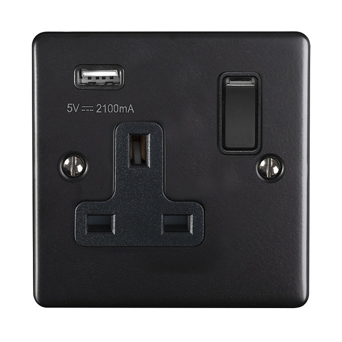 Revive 1 Gang Switched Socket with USB - Matt Black Large Image