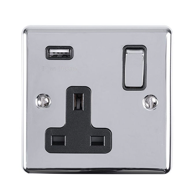 Revive 1 Gang Switched Socket with USB - Polished Chrome Large Image