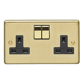 Revive 2 Gang Switched Socket - Brushed Brass Large Image