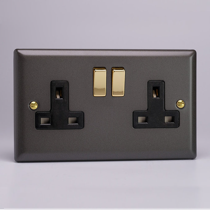 Revive 2 Gang Switched Socket - Slate/Brass Large Image