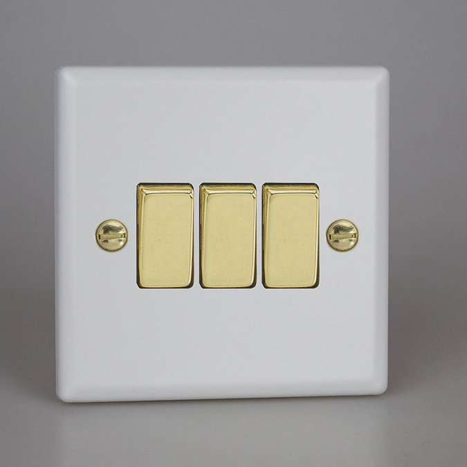 Revive 3 Gang 2 Way Light Switch - Matt White/Brass Large Image