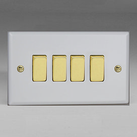 Revive 4 Gang 2 Way Light Switch - Matt White/Brass  Large Image