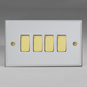 Revive 4 Gang 2 Way Light Switch - Matt White/Brass  Large Image