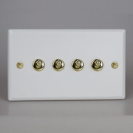 Revive 4 Gang 2 Way Toggle Switch - Matt White/Brass Large Image