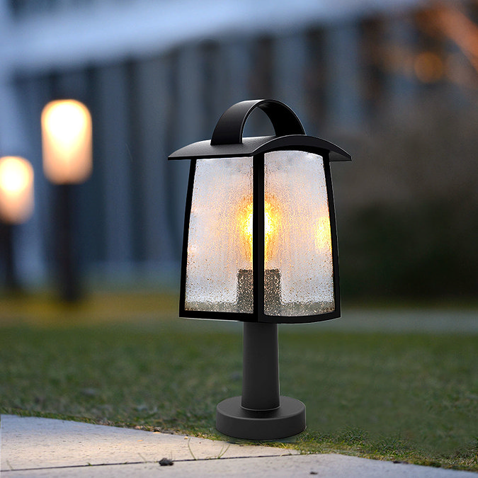Revive Outdoor Matt Black Pedestal Light with Seeded Glass Diffuser Feature Large Image