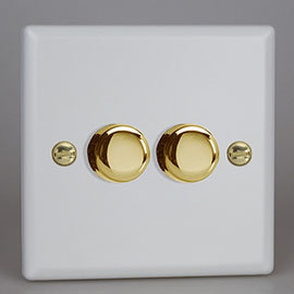 Revive Twin Dimmer Light Switch - Matt White/Brass Medium Image