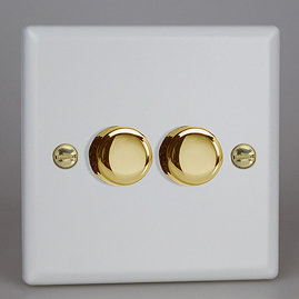 Revive Twin Dimmer Light Switch - Matt White/Brass Large Image