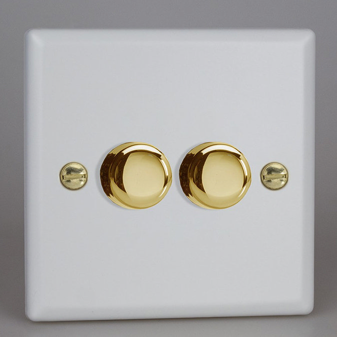 Revive Twin Dimmer Light Switch - Matt White/Brass Large Image