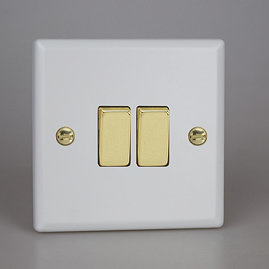 Revive Twin Light Switch - Matt White/Brass Large Image