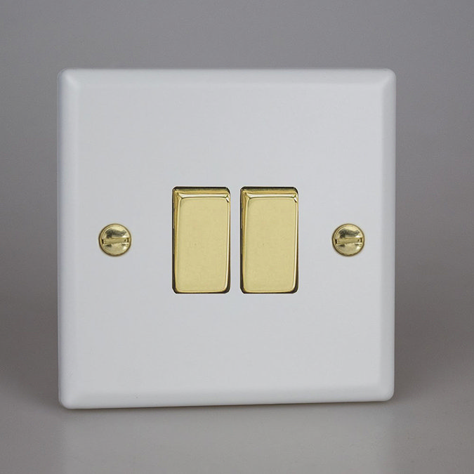 Revive Twin Light Switch - Matt White/Brass Large Image
