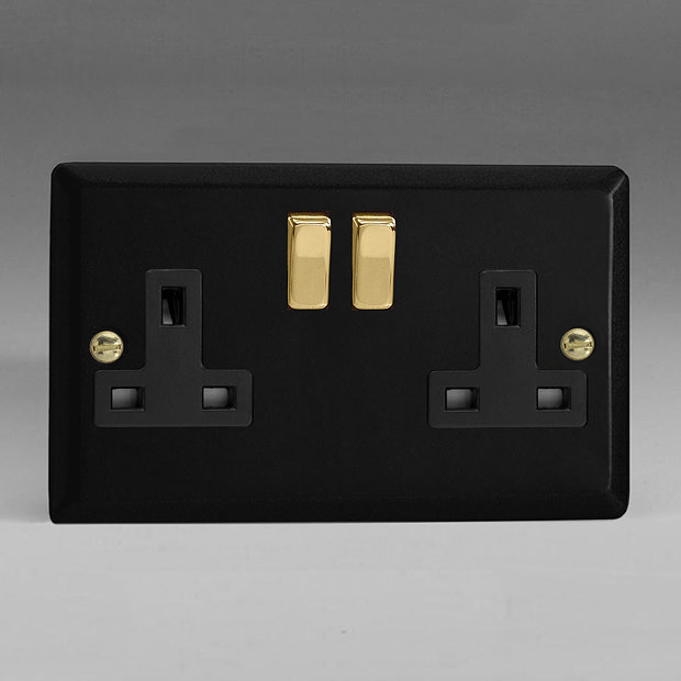 Revive Twin Plug Socket - Matt Black/Brass Large Image