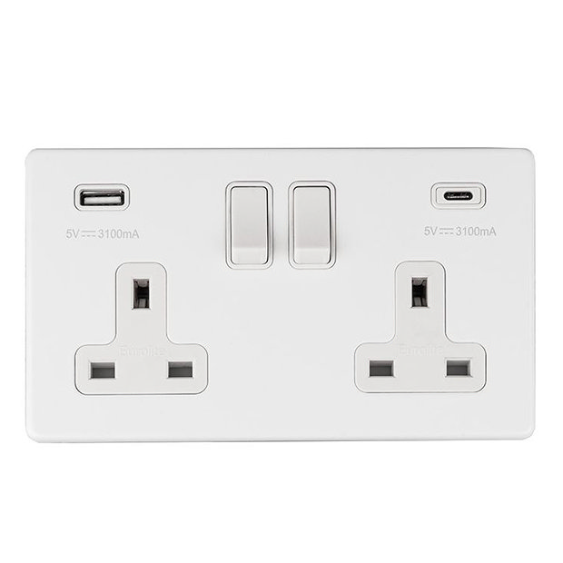 Revive Twin Plug Socket with USB Type A & C- Matt White / White Trim