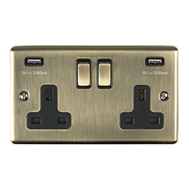 Revive Twin Plug Socket with USB Antique Brass/Black Medium Image