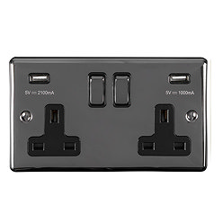  Revive Twin Plug Socket with USB - Black Nickel/Black Large Image