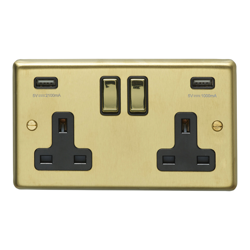 Revive Twin Plug Socket with USB - Brushed Brass Large Image