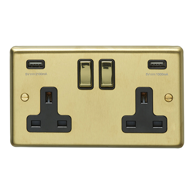 Revive Twin Plug Socket with USB - Brushed Brass | Victorian Plumbing UK