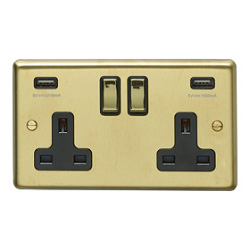 Revive Twin Plug Socket with USB - Brushed Brass Large Image