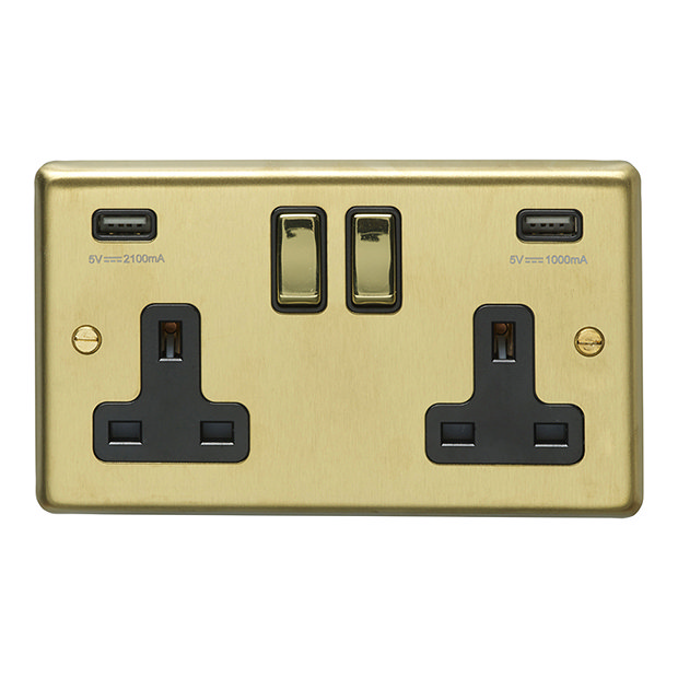 Revive Twin Plug Socket with USB - Brushed Brass Large Image